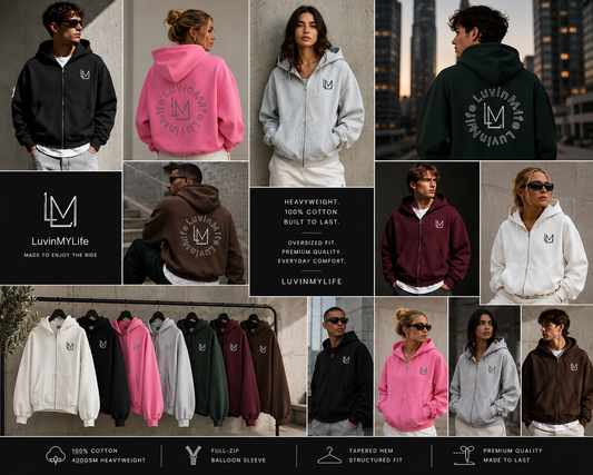A collage showing multiple models wearing hoodies in different colors, with close-up views of the back and front of the hoodies, plus text and icons highlighting product features such as heavyweight cotton, full zip balloon sleeves, and tarred new structured fits. The brand name 'LuvnMyLife' is visible on the hoodies and in text panels.