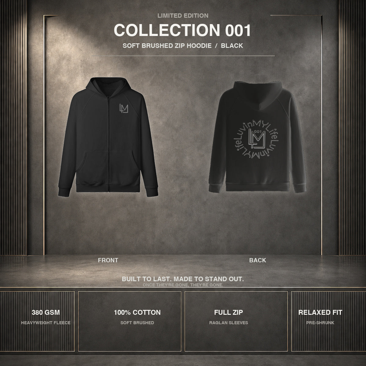 A promotional product graphic showing a black zip-up hoodie from the front and back on a dark gray textured background. The image includes text reading 'COLLECTION 001', 'SOFT BRUSHED ZIP HOODIE / BLACK', and feature callouts along the bottom: '380 GSM', '100% COTTON', 'FULL ZIP', and 'RELAXED FIT'.