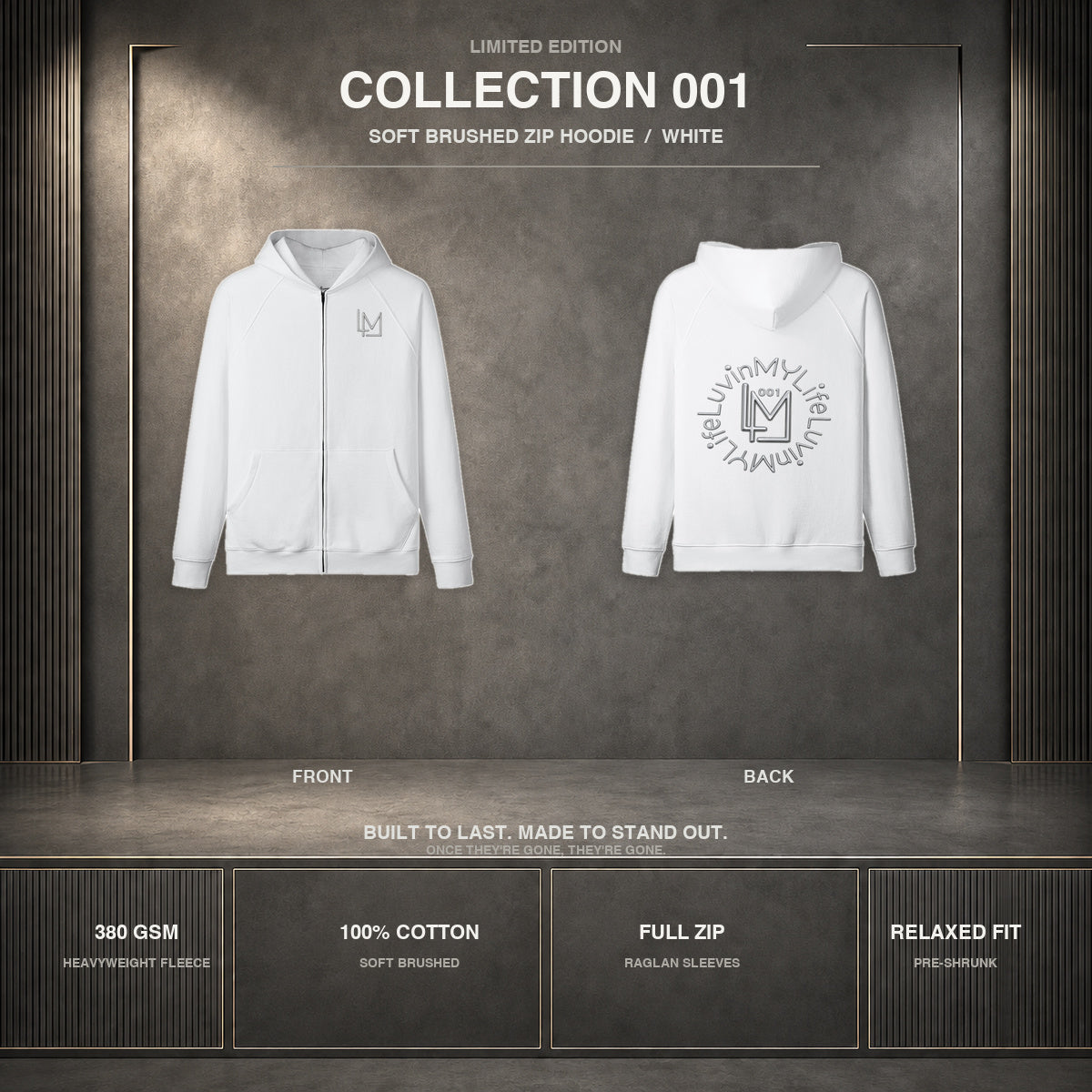 A white zip-up hoodie shown from both front and back on a dark gray textured background, with text reading COLLECTION 001 and product features below.