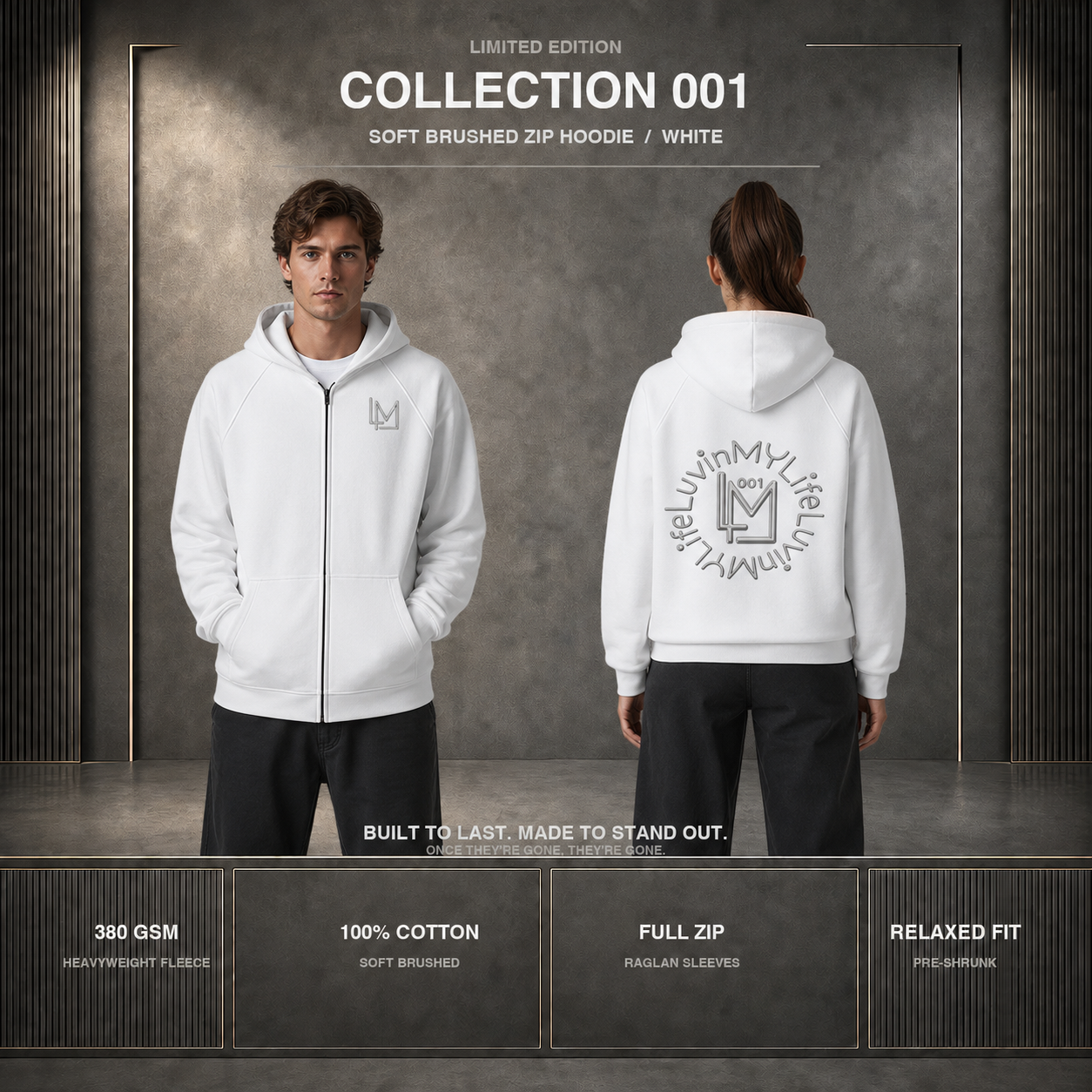 A promotional product image showing a white zip-up hoodie from both front and back views, worn by a male model facing forward and a female model facing backward. The background is a dark gray textured studio setting with vertical paneling.