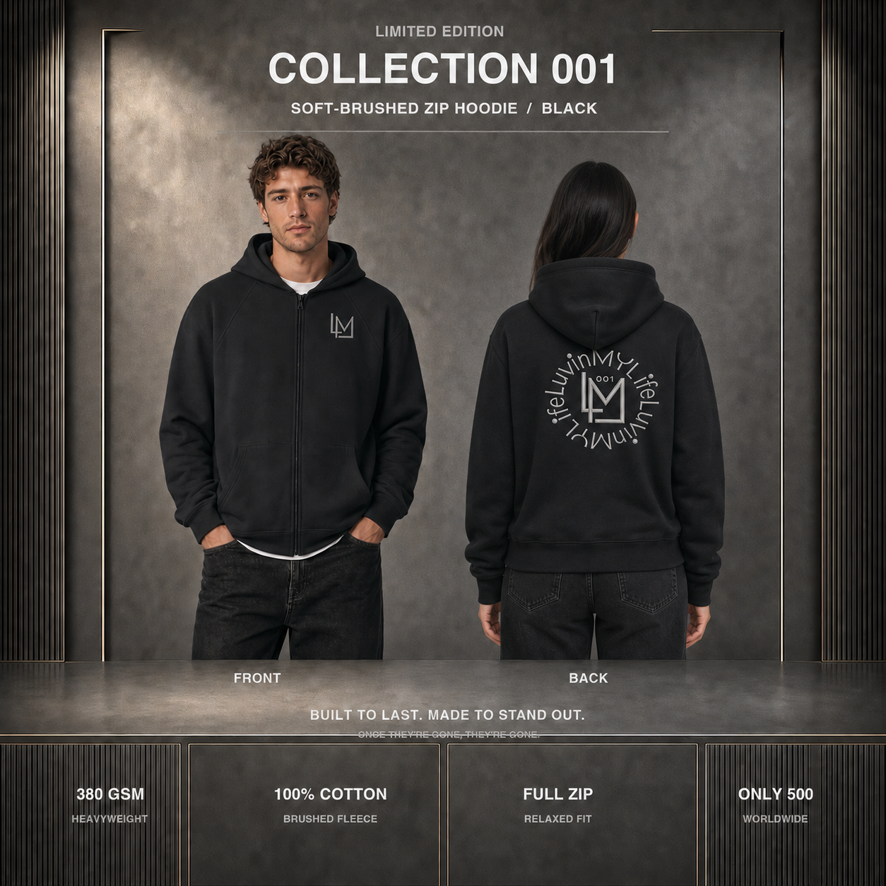 A promotional product graphic showing a black hooded sweatshirt from the front and back on a model. The front view shows a soft-brushed zip closure and a small white chest logo, while the back view shows a large circular white graphic with an 'M' in the center.