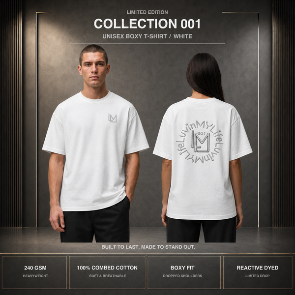 A promotional product image showing a white unisex boxy T-shirt from the front and back on models. The front features a small gray 'M' logo on the left chest, and the back features a large circular graphic with the text 'UNIMYL' and a central 'M'.