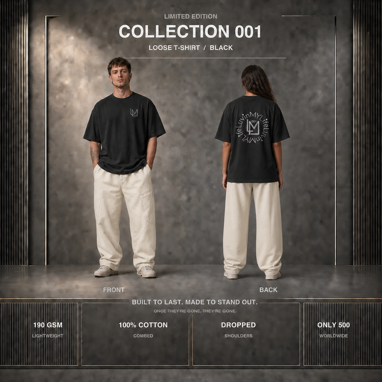 A promotional studio photo showing a man and a woman modeling a black oversized T-shirt from the front and back against a dark textured backdrop. Text at the top reads 'COLLECTION 001 LOOSE T-SHIRT / BLACK' and labels below indicate front and back views, with fabric and quality claims along the bottom.
