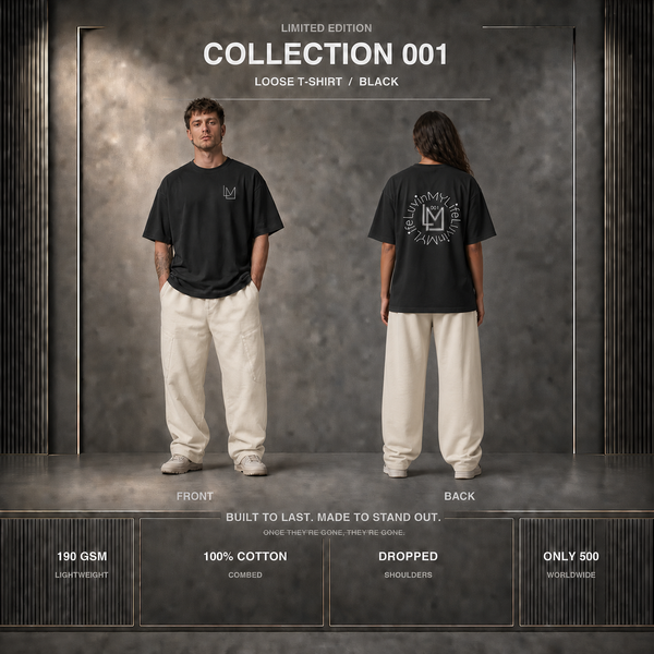 A promotional studio photo showing a man and a woman modeling a black oversized T-shirt from the front and back against a dark textured backdrop. Text at the top reads 'COLLECTION 001 LOOSE T-SHIRT / BLACK' and labels below indicate front and back views, with fabric and quality claims along the bottom.