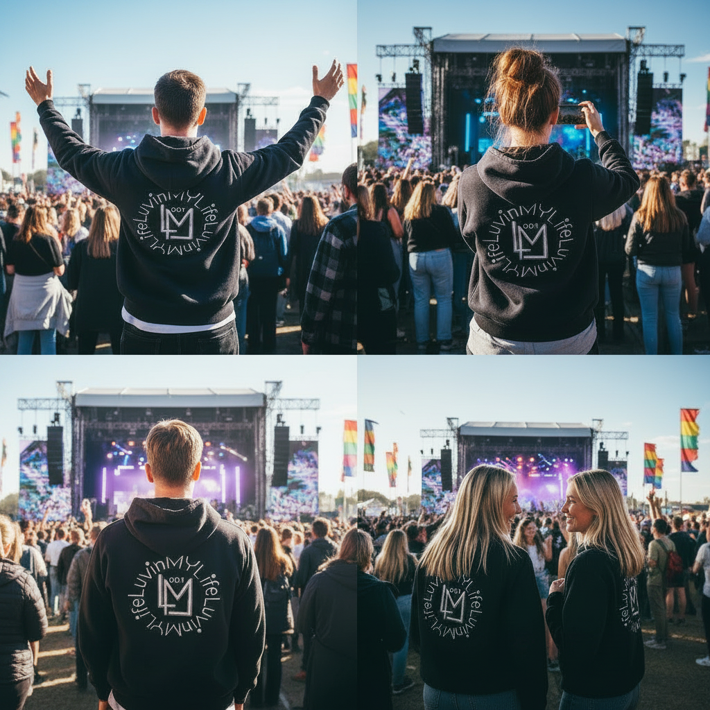 A two-panel collage showing people at an outdoor concert wearing black hoodies with a large white circular graphic and monogram on the back. The top panel shows two people facing the stage with arms raised, and the bottom panel shows three people standing together, all wearing the same hoodie in a crowd setting.